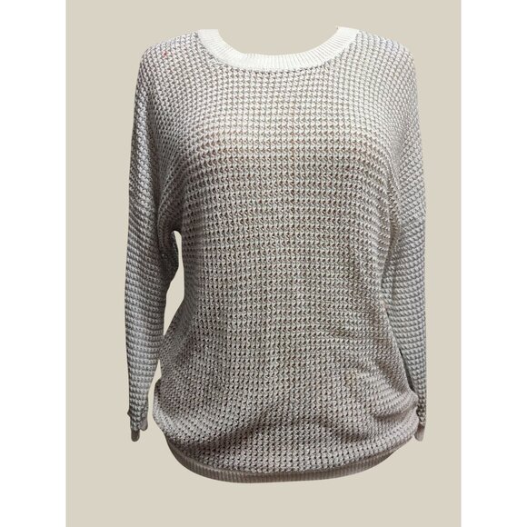 APT 9 L Womens Sweater White Silver Metallic Knit Sheer Pullover Shimmer Top - Picture 1 of 14